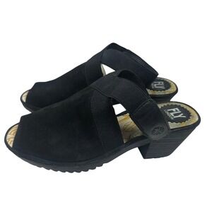 Fly London Black Suede Leather Peep Toe Ankle Strap Heel Sandals Size EU 38